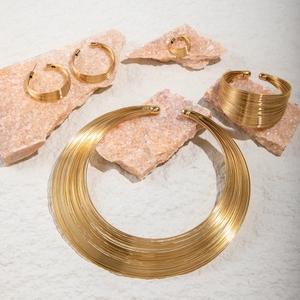 Luxurious layered gold multilayer wire necklace bracelet earrings and ring jewelry set
