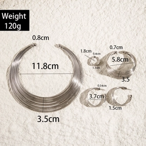Detailed view of silver multi-layered choker jewelry set with weight and size markings