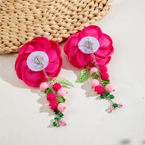 Fuchsia fabric camellia flower earrings with acrylic bead fringe tassels in summery style