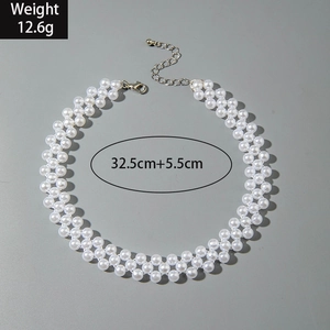Detailed view of three-row white faux pearl choker with size and weight measurements