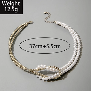 Double-layer pearl and gold bead necklace with knot design weighing 12.5g and length 37cm