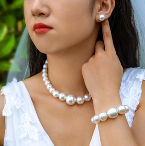 Dettaglio ravvicinato di collana e orecchini di perle indossati da una modella in stile sposa