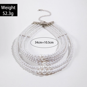 Detailed view of multilayer faux pearl necklace with dimensions and weight measurements