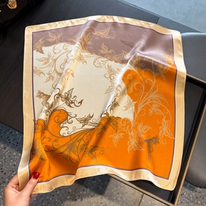 Silk square scarf with butterfly pattern in orange and purple, 100% mulberry silk necktie