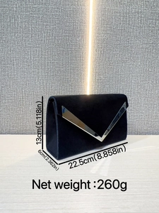 Luxury black velvet envelope clutch bag with silver V-shaped metal trim for evening gala