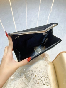 Luxury black velvet evening clutch bag with silver metal frame and detachable chain strap