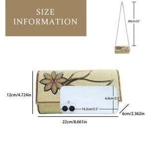 Size comparison of pearl evening clutch with dimensions and mobile phone scale