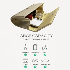 Detail view of gold sequin evening bag showing large capacity for phone and cosmetics