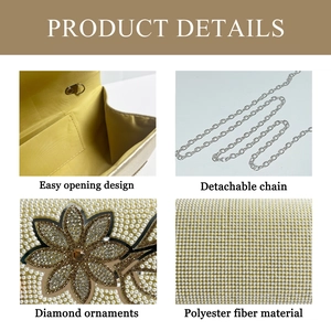 Detail of pearl evening bag showing detachable chain, diamond flower and polyester lining