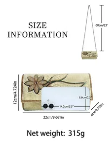 Size information for the elegant pearl evening bag with floral design and chain strap