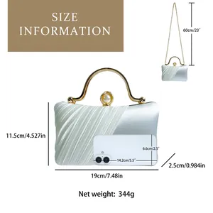 Size chart for blue satin evening clutch showing dimensions and 23 inch chain length