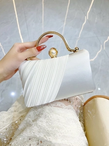Elegant Pleated Satin Evening Clutch Bag With Faux Artificial Pearl Buckle And Golden Metal Handle For Women Wedding Party Banquet