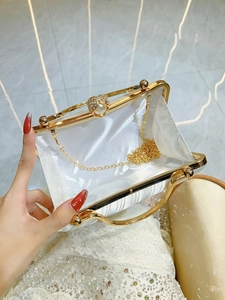 White satin evening clutch bag with pearl clasp and gold chain for formal dresses