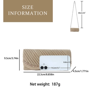 Champagne pleated clutch bag with sequin trim showing size comparison with a phone