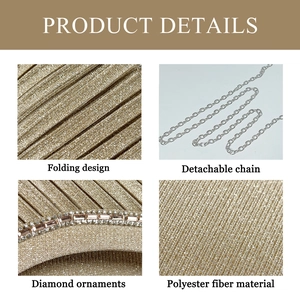 Detail of golden evening clutch featuring pleated fabric, rhinestone trim, and chain strap