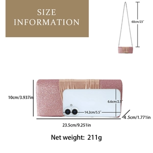 Size specifications for pink glitter clutch bag with metal chain measurements and phone comparison