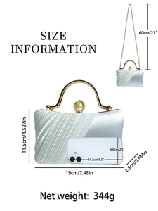 White satin clutch bag with gold handle and pearl clasp for evening party formal wear