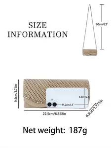 Elegant pleated evening clutch bag in champagne gold with size info and dimensions