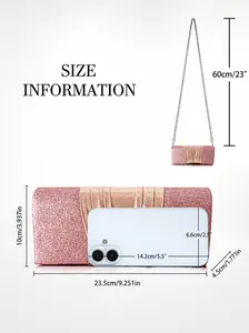 Pink sequin evening clutch bag size chart with dimensions and crossbody chain details