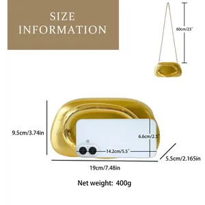 Detailed size information for the gold luxury evening clutch bag with dimensions and phone scale