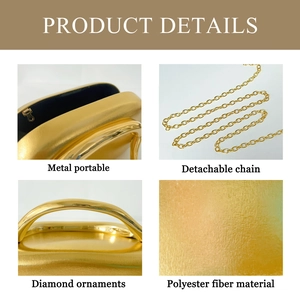 Detailed view of luxury gold evening clutch with metal handle and detachable chain strap