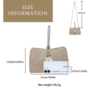 Detailed size information for champagne sequin clutch with pearl clasp and chain strap