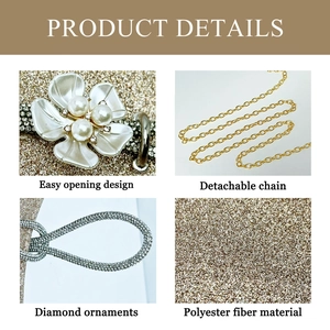 Detail view of champagne gold evening bag with pearl clasp and rhinestone embellishments