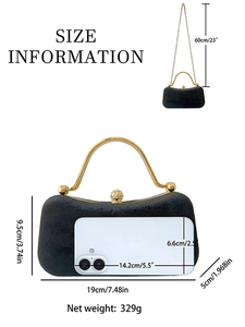 Elegante pochette in velluto nero con manico dorato e strass, con dimensioni dettagliate