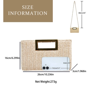 Straw clutch bag size details showing dimensions and capacity with smartphone reference