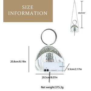 Spécifications détaillées de la pochette de soirée blanche sertie de strass et franges