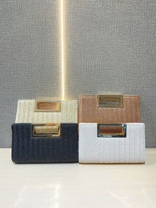 Handcrafted woven straw clutches in four neutral colors with rectangular metal handles