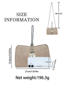 Golden glitter evening clutch bag with pearl floral accents and metal chain strap