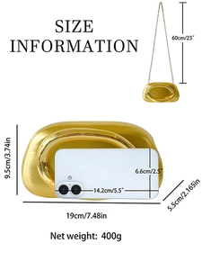 Golden luxury evening bag with chain strap and size info, showing dimensions and phone fit
