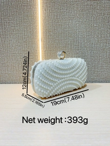 Elegant white pearl evening clutch bag with wave patterns and metal clasp, 19x12x5.5cm