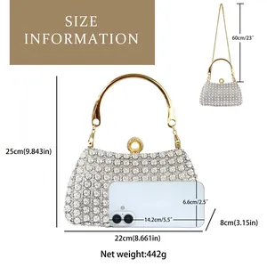 Detailed size specifications for silver evening bag with pearls and chain dimensions