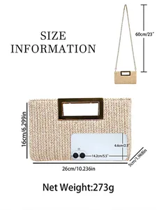 Minimalist woven straw clutch bag with metal handle and size guide measurements