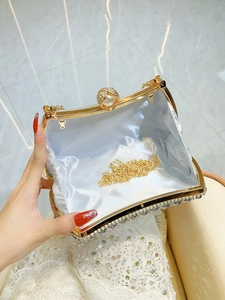 Elegant silver rhinestone evening clutch bag with gold chain strap for women party