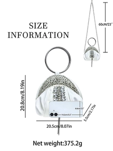 Sac de soirée en satin blanc avec franges en strass, dimensions et détails de taille