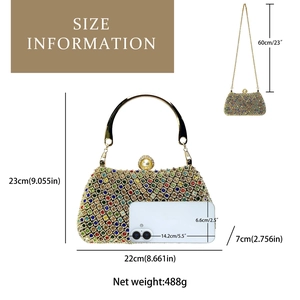 Detail view of crystal evening bag with pearl clasp, chain length and size dimensions
