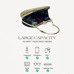 Macro detail of spacious evening clutch showing rhinestone pattern and golden frame