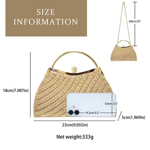 Detailed size information for gold evening clutch with rhinestones and ring handle