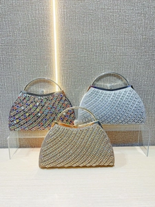Elegant rhinestone evening handbags in silver, gold and multi-color with round metal handles