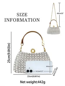 Elegant silver rose-textured evening handbag with gold handles and size specifications