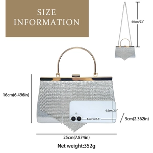 Detailed dimension chart of silver sequin evening bag with tassel and metal handle