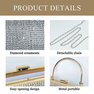 Detail showing silver diamond ornaments and metal portable handle on evening bag