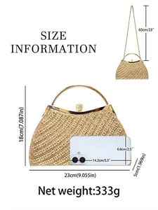 Elegant gold pleated evening clutch with rhinestone details and size chart dimensions
