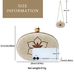 Size guide for camellia pearl clutch bag showing dimensions 20x16.5x6cm with chain strap