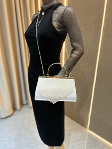 Detail of silver evening bag with rhinestone tassels and golden metal circular handle