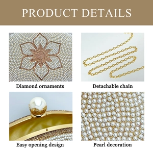 Detailed macro view of camellia rhinestone pattern and pearl embellishments on evening bag