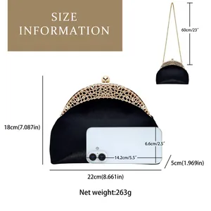 Detailed size information for the black suede evening clutch with dimensions and phone fit